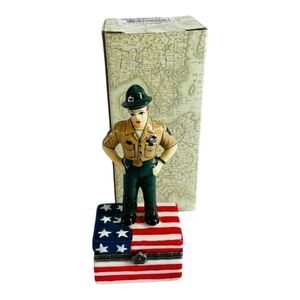 Rare Porcelain Hinged Trinket Box USA Military Soldier American Flag Vintage NIB